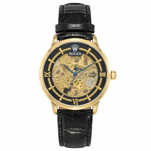 Rolex Skeleton Automatic Black Strap Golden Bezel Black Dial